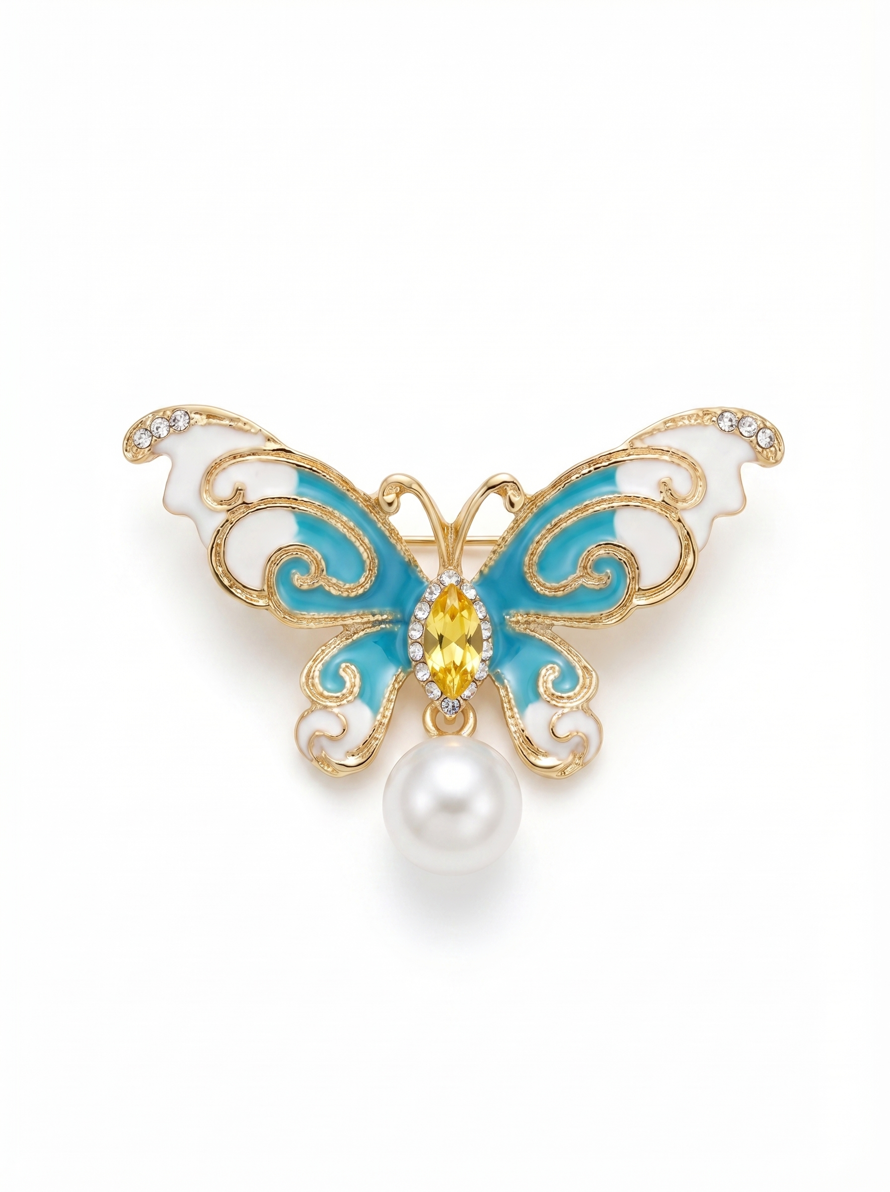Prendedor Mariposa Perla Blanca/Azul/Dorado