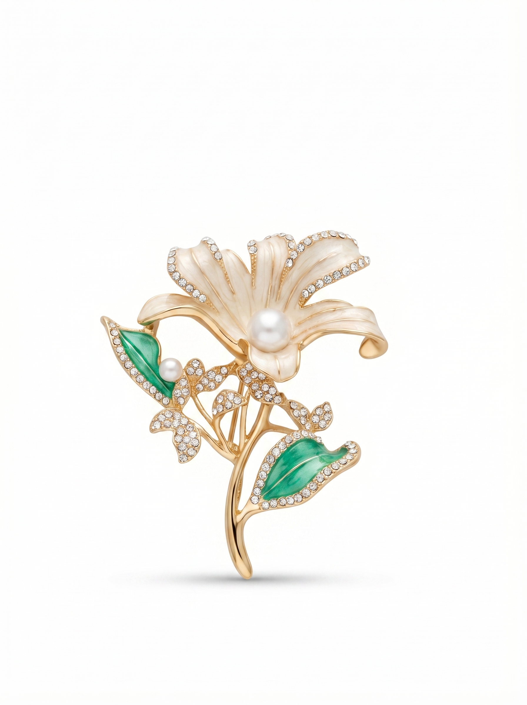 Prendedor Orquídea Blanca/Verde Piedras Perla